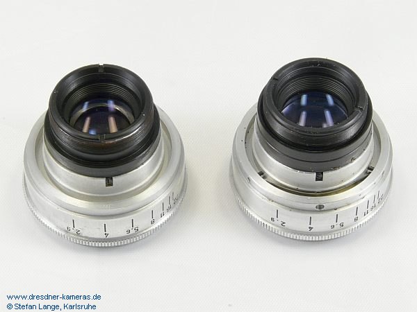 Trioplan mit altem Gehuse und Rastblende (rechts mit Blattfeder, Bohrung und Rastkerben)