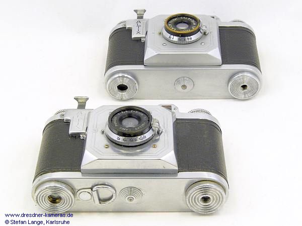 Altix I - oben: Nachkriegsversion - 1947 mit feinen Rillen am Stativgewinde und ohne Abziehse am Bodendeckel - unten: Vorkriegs- oder frhe Nachkriegsversion mit groben Rillen am Stativgewinde und mit Abziehse am Bodendeckel