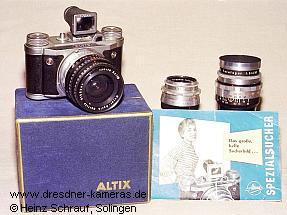 Altix-5-Ausrstung mit Meyer Trioplan 2,9/50; Meyer Lydith 3,5/30; Meyer Telefogar 3,5/90 und Aufstecksucher