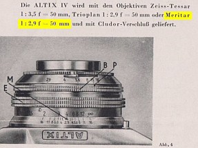 In der frhen Ausgabe 561-37078 K III-9-5-252 der Bedienungsanleitung fr die Altix IV gibt es Hinweise auf die Tiefenschrfetabelle und und das Meritar 2,9/50.