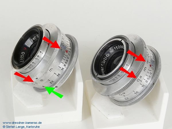 Varianten Meyer Primotar 2,7/50 - Unterschiede Metergang (links #1128030; rechts #1109626)