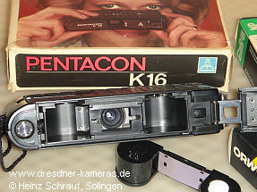 Pentacon K16 geöffnet mit ORWO-Kassette 16 Pentacon K16 geöffnet mit ORWO-Kassette 16