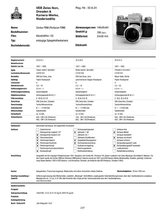 Beispielseite Zeiss Kamera-Register 1902-2012