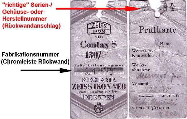 Laufkarte (Pr�fkarte) Contax-S mit Seriennummer 31984 und Fabrikationsnummer 21179