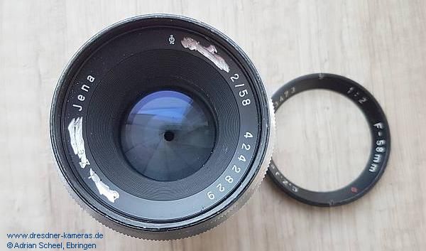 C.Z. Jena 1:2 F=58mm Nr. 63473, Namensvariante des Biotar 2/58, unter dem neuen Aufschraubring befindet sich ein weiterer Ring mit der urspnglichen Seriennummer 4242829 und der weggeschliffenen Biotar- bzw. Carl Zeiss-Gravur