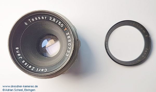 TES-Interimar 1:2,8/50mm Nr. 380503, Namensvariante des Tessar 2,8/50, unter dem TES-Interimar Aufschraubring befindet sich ein weiterer Ring mit der urspnglichen Seriennummer 3880733 und der unvernderten Tessar- bzw. Carl Zeiss Jena-Gravur