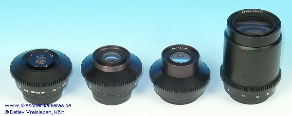 Die bei Carl Zeiss Jena gefertigten Sonderobjektive SO-3.1 (Flektogontyp 2,8/35), SO-3.2 (Biotartyp 2,8/50), SO-3.3 (Tessartyp 3,5/75), SO-3.4 (Sonnartyp 3,5/135).