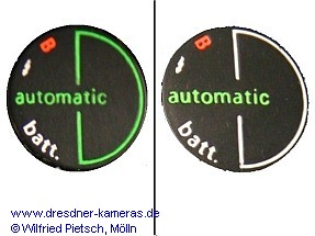 Praktica B100 - unterschiedliche Zeit-Einstellscheiben: gr�ne Linie an Kameras mit genopptem Bezug; wei�e Linie an Kameras mit glattem Bezug
