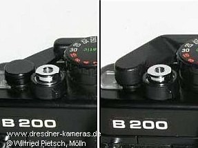 Praktica B200 - 1. Version mit Metall-Schnellspannhebel (links) und 2. Version mit Kunststoff-Schnellspannhebel (rechts)