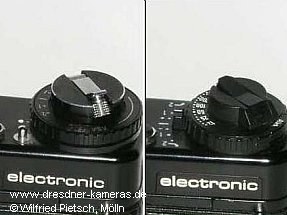 Praktica BC 1 - 1. Version mit Einstellrad f�r Filmempfindlichkeit und Belichtungskorrektur sowie R�ckspulkurbel aus Metall (links); 2. Version aus Kunststoff (rechts)