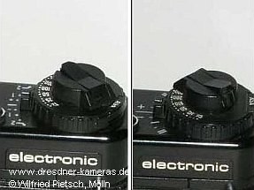 Praktica BC 1 - 2. Version; Variante der Beschriftung der Belichtungskorrektur mit arabischen Zahlen (links) und Variante mit r�mischen Zahlen (rechts)