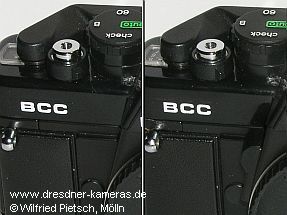 links: Praktica BCC, Version ohne Abblendtaste; rechts: Praktica BCC, Version mit Abblendtaste