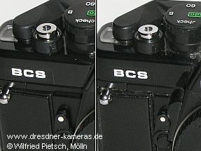 links: Praktica BCS, Version ohne Abblendtaste; rechts: Praktica BCS, Version mit Abblendtaste