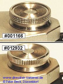 Bei der ersten Praktica-Version mit angegossenen Trage�sen finden wir an sehr fr�hen Kameras abweichende Bedienkn�pfe u. a. mit Kreuzr�ndelung