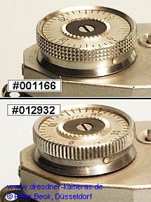 Bei der ersten Praktica-Version mit angegossenen Trage�sen finden wir an sehr fr�hen Kameras abweichende Bedienkn�pfe u. a. mit Kreuzr�ndelung