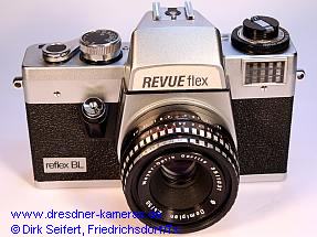 Musterkamera REVUEflex reflex BL mit Gehusekappe einer Porst reflex -  das aufgeklebte Namensschild besteht aus bedruckter Alufolie