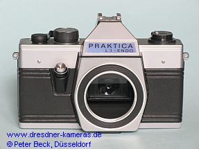 Praktica L 3-Endo #852070 mit blauem Schild (4. Praktica-Generation spt; mit Zeitenknopf aus Kunststoff)