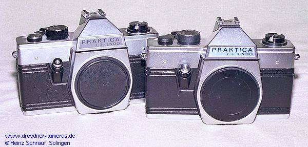 Praktica L 3-Endo Versionen mit silbernem und mit blauem Schild (links #028515 4. Praktica-Generation; rechts #853367 4. Praktica-Generation spt; mit Zeitenknopf aus Kunststoff)