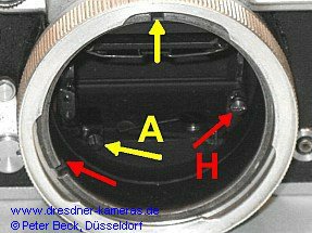 Praktina IIa #123954 mit doppelter Blendenausl�sung f�r halb- (H) und vollautomatische (A) Objektive (Umbau erfolgte im Herstellerwerk)